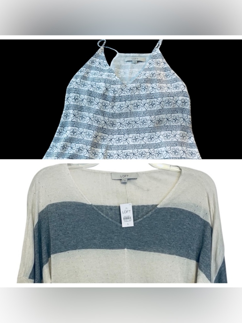 Bundle of LOFT NVT V-Neck Sweater - gray & White rayon Knit +  Loft top sizeS